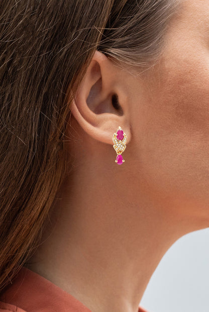 Ruby Dangle Earrings With Diamonds 1.06 Carats 14K Yellow Gold