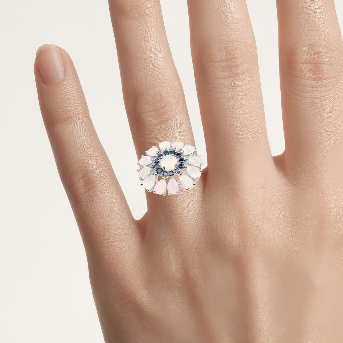 Ethiopian Opal Flower Ring With Blue Sapphire 3.92 Carats Sterling Silver