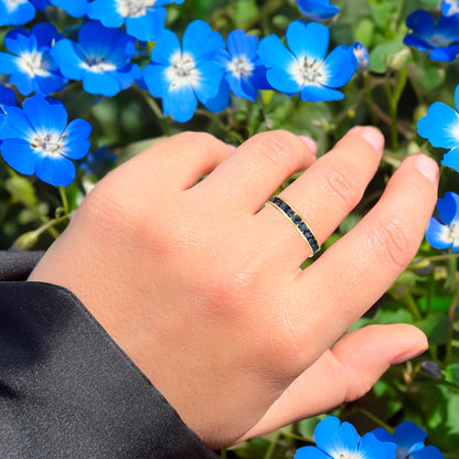 Natural Blue Sapphire Eternity Band Ring 2.86 Carats Gold Plated Silver