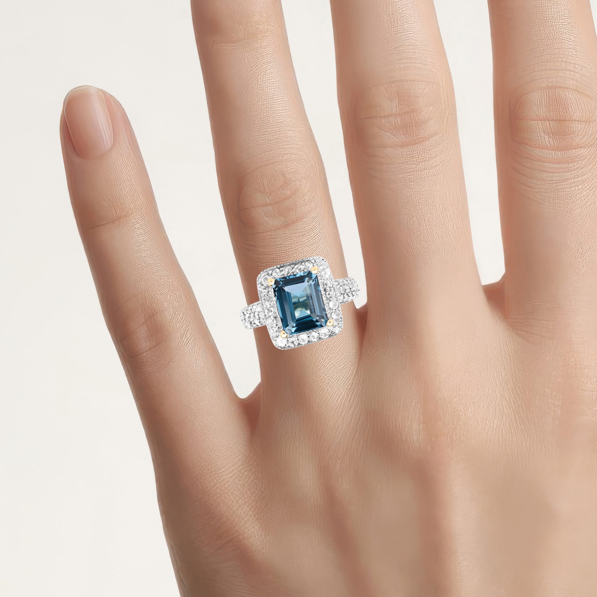 London Blue Topaz Ring With White Topaz 5.08 Carats Gold Plated Silver