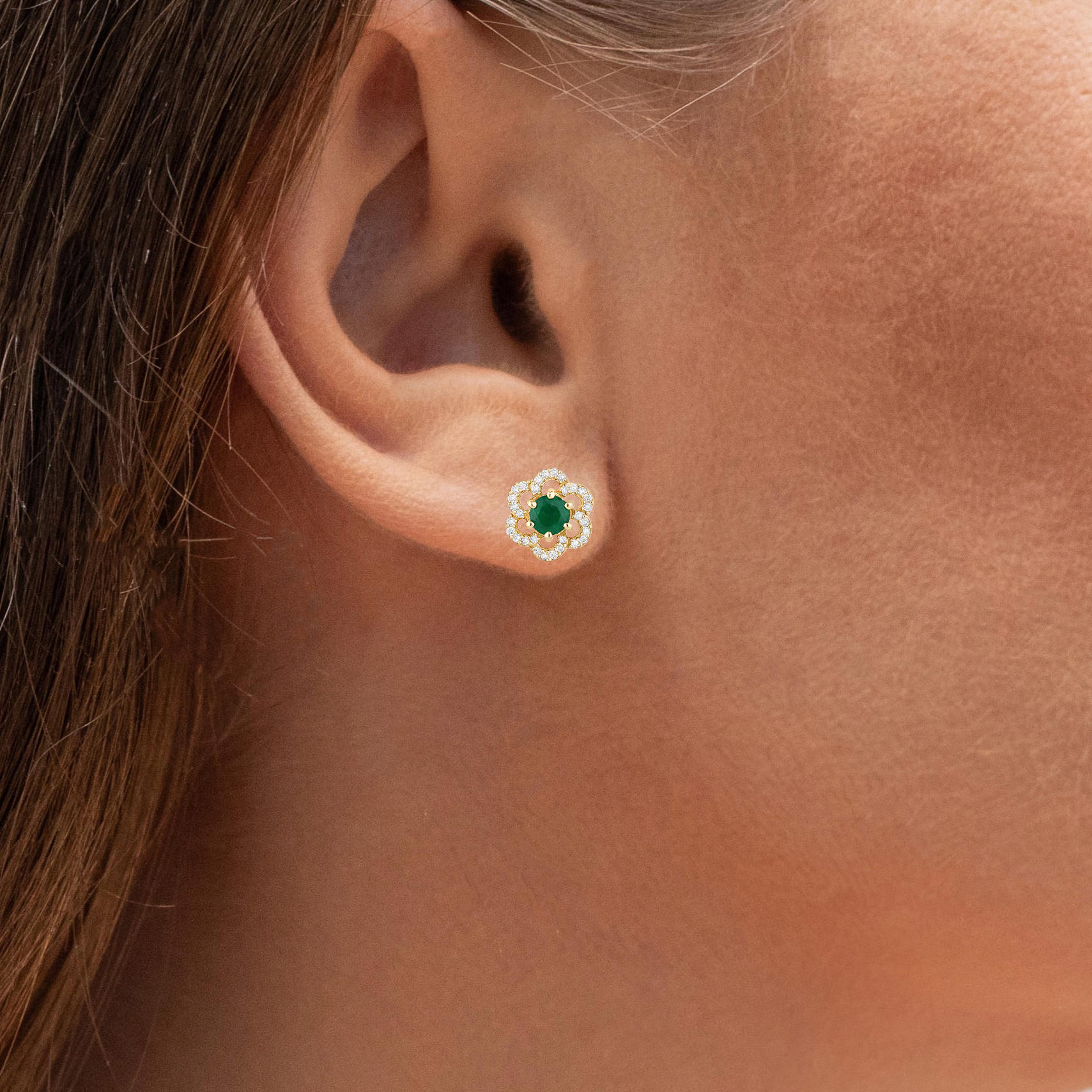 Zambian Emerald Flower Stud Earrings 0.6 Carats 14K Yellow Gold