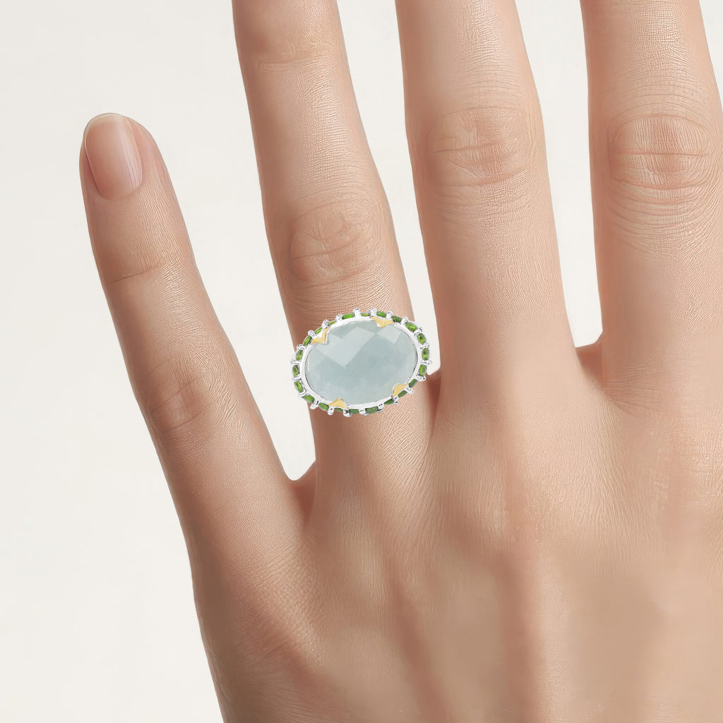 Aquamarine Ring With Chrome Diopside 9.08 Carats Sterling Silver