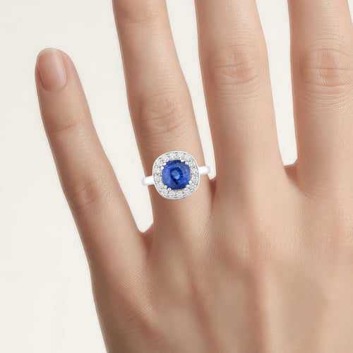 Blue Sapphire Ring With Diamonds 3.86 Carats 18K White Gold