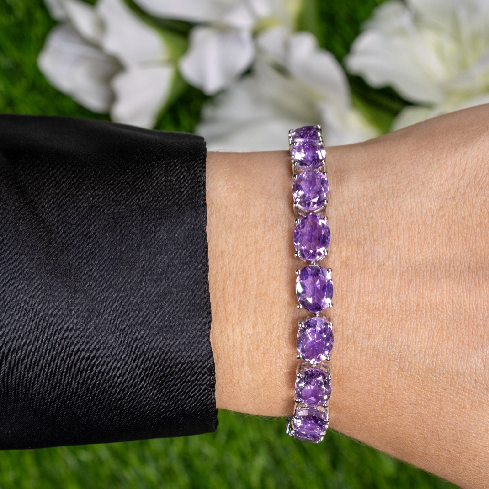 Pink Amethyst Tennis Bracelet 30 Carats Rhodium Plated Sterling Silver