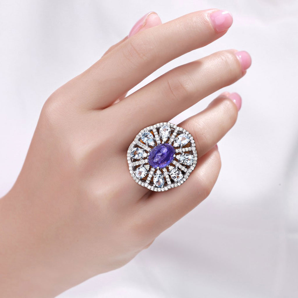 Tanzanite Ring With Aquamarine and Diamonds 7.34 Carats Sterling Silver