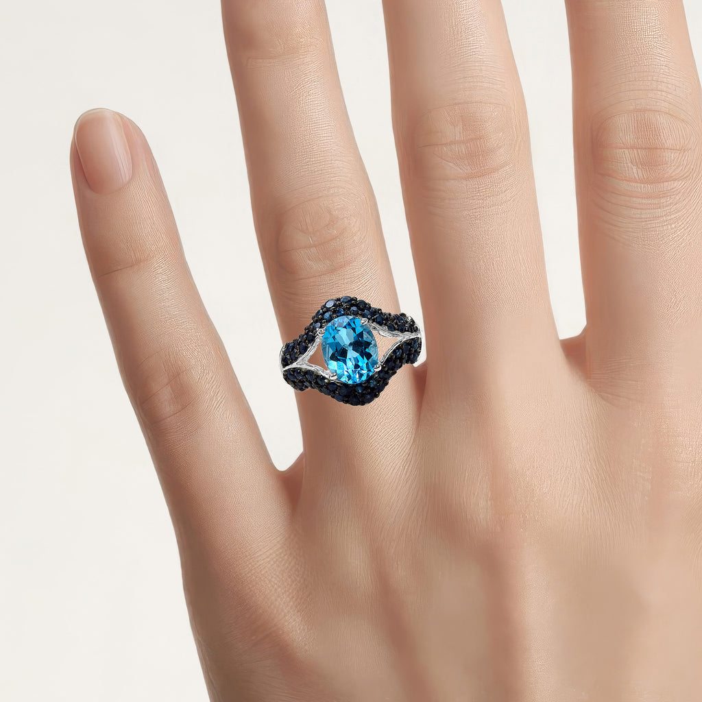 Swiss Blue Topaz Ring With Blue Sapphire 4.98 Carats Sterling Silver