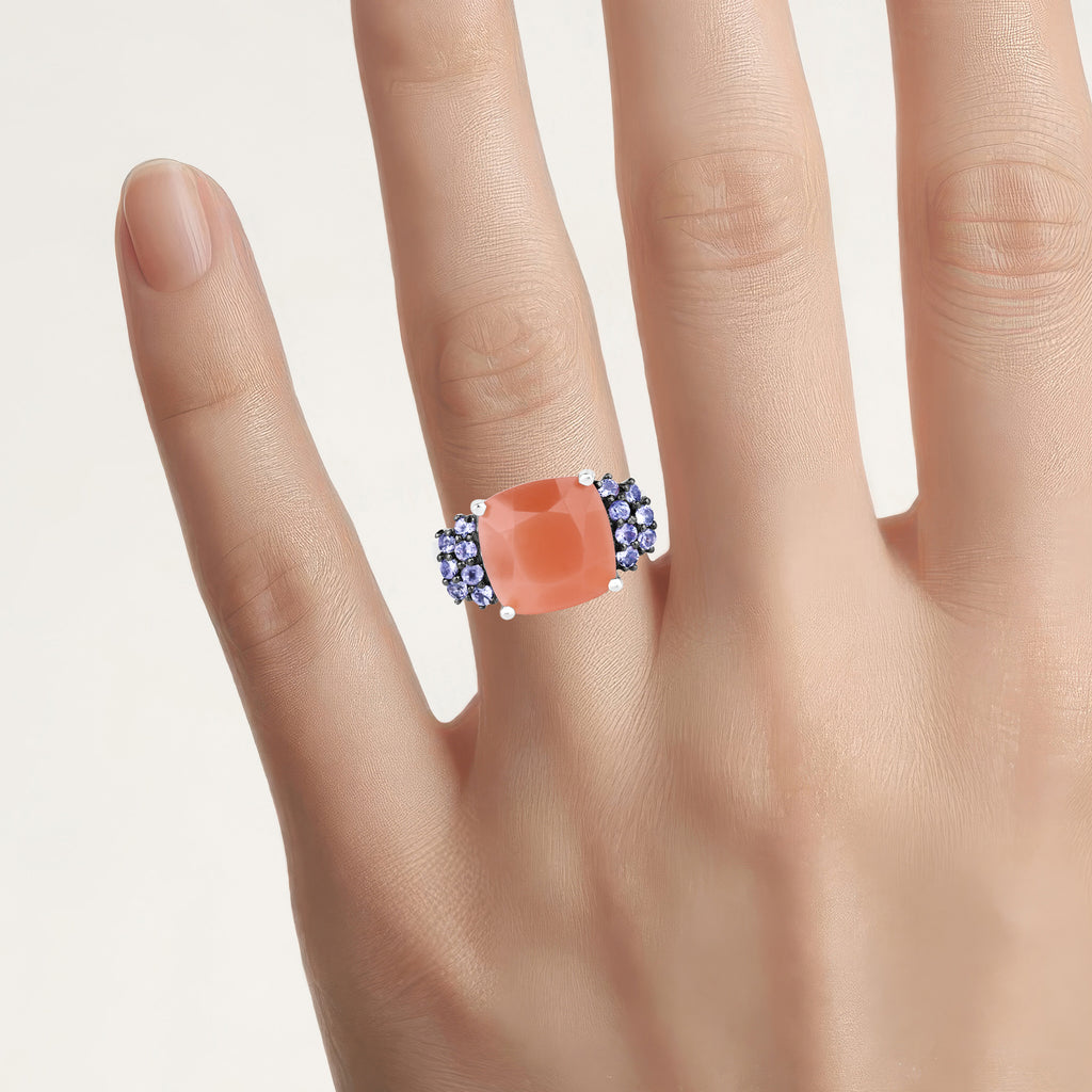 Peach Moonstone Ring With Tanzanite 6.16 Carats Sterling Silver