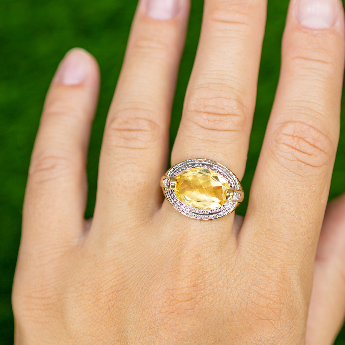Natural Citrine Ring With Diamonds 4.58 Carats 14K Yellow Gold Plated Silver