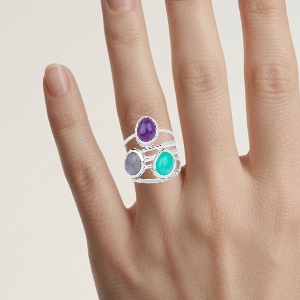 Natural Mixed Gemstones Ring 4.48 Carats Sterling Silver