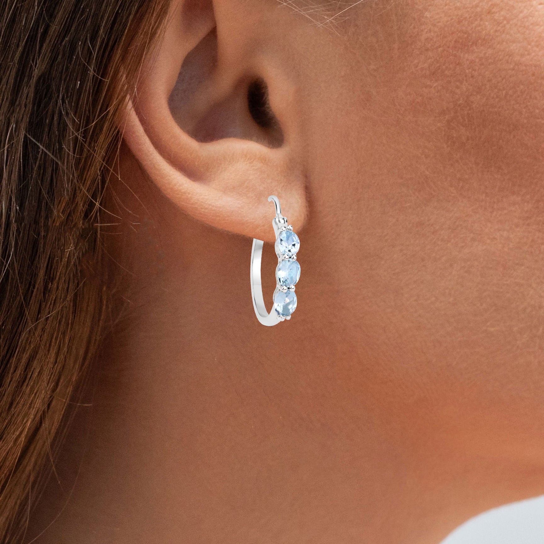 Aquamarine Hoop Earrings With Diamonds 1.73 Carats Sterling Silver