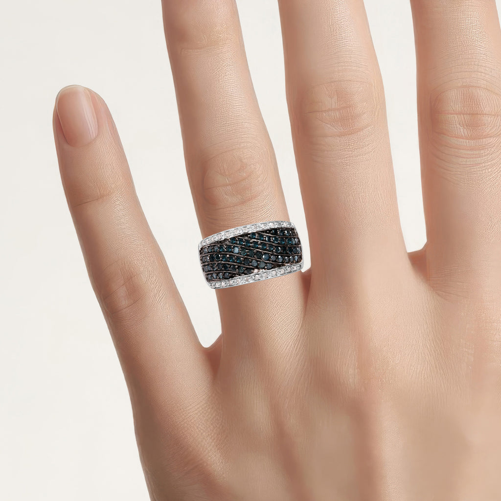 Blue Diamond Ring With White Diamonds 0.78 Carats Sterling Silver