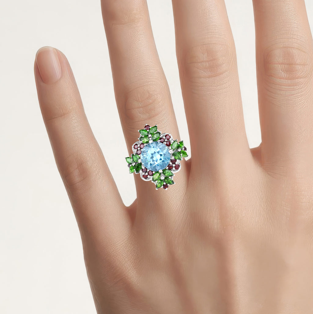 Blue Topaz Flower Ring Chrome Diopside and Garnet 5.7 Carats Sterling Silver