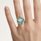 Blue Topaz Flower Ring Chrome Diopside and Garnet 5.7 Carats Sterling Silver