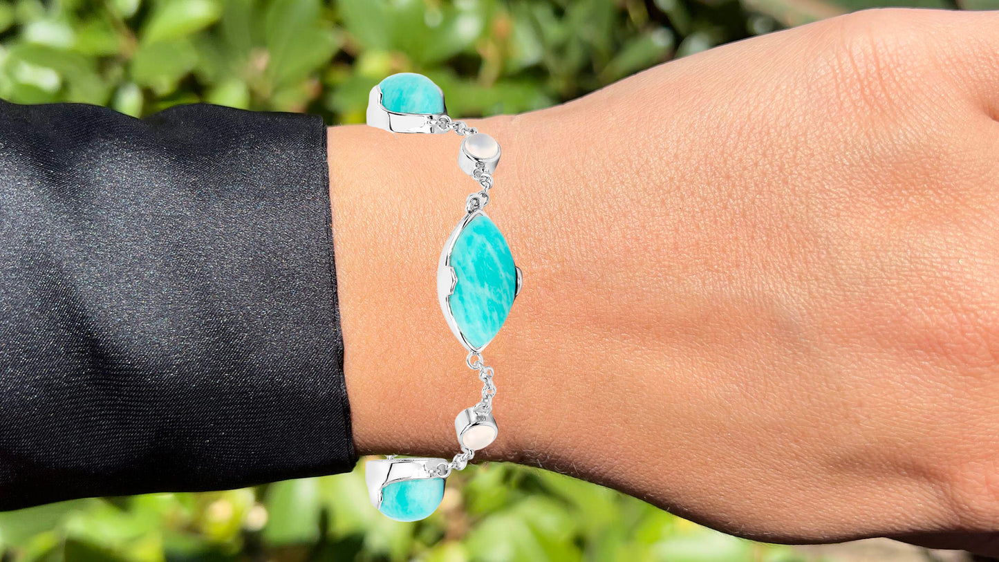 Amazonite Bracelet With White Agate 29.6 Carats Sterling Silver