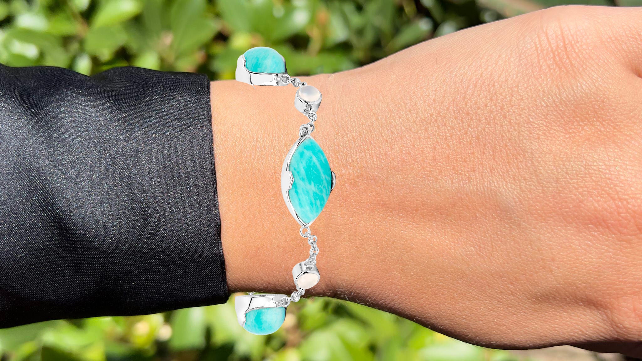 Amazonite Bracelet With White Agate 29.6 Carats Sterling Silver