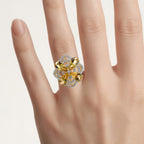Citrine Flower Ring With Diamonds 8.79 Carats Gold Plated Silver