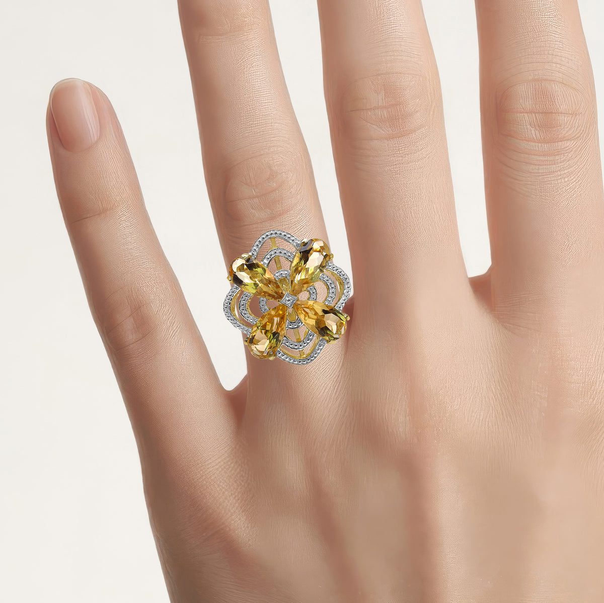 Citrine Flower Ring With Diamonds 8.79 Carats Gold Plated Silver