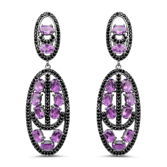 Amethyst Dangle Earrings With Black Spinels 12 Carats