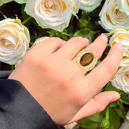 Tiger Eye  Ring 12.5 Carats Gold Plated Silver