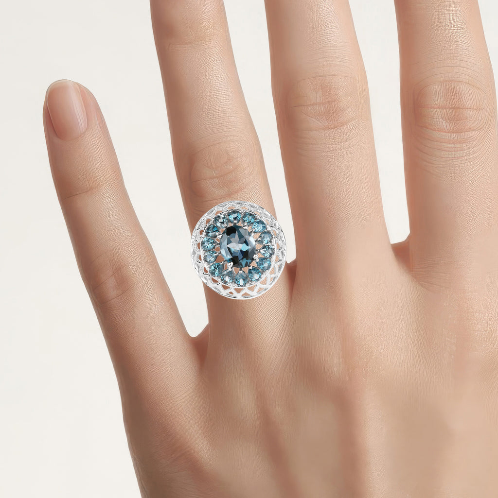 London Blue Topaz Ring 5.94 Carats Sterling Silver