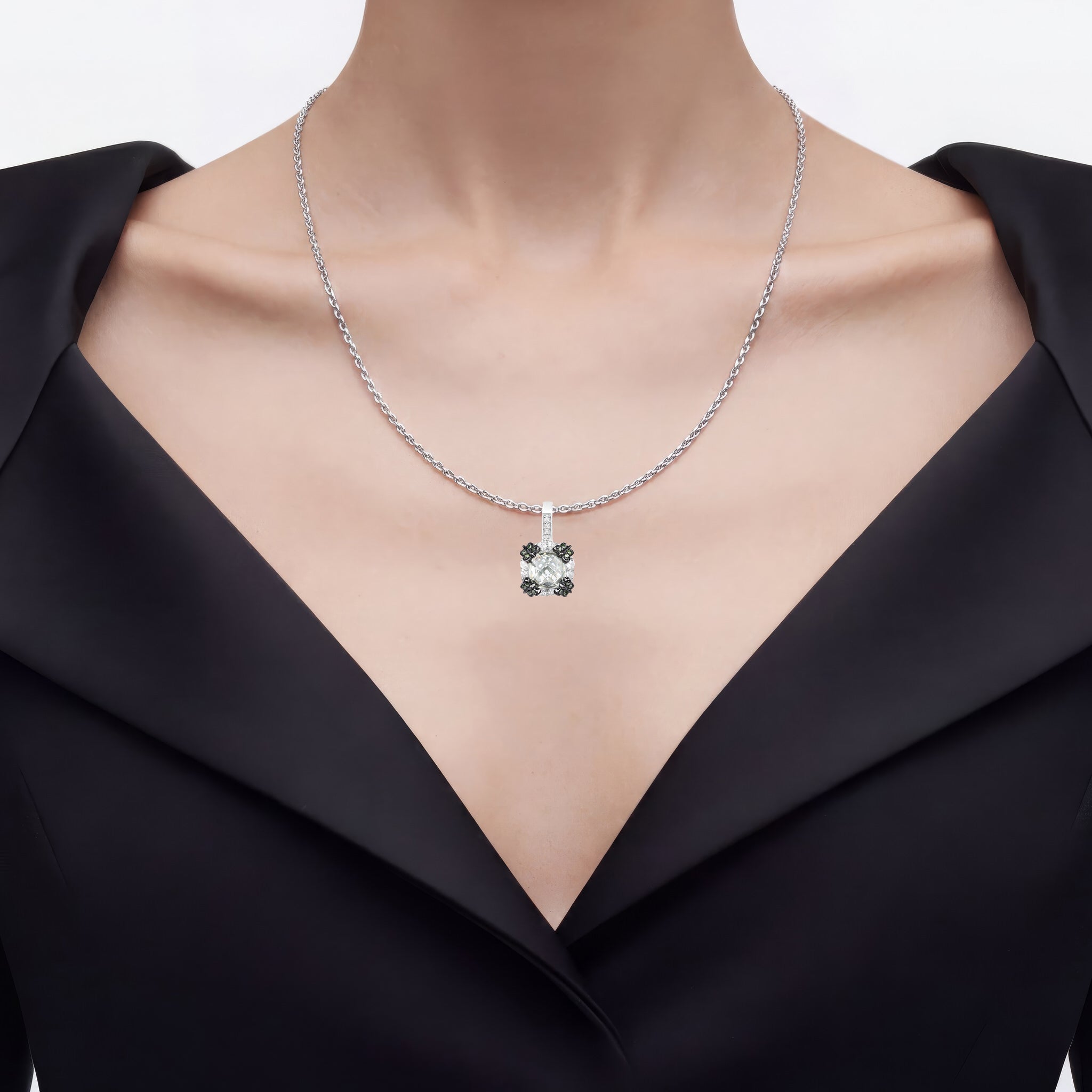 Green Amethyst Flower Pendant With White Sapphire 2.66 Carats Sterling Silver