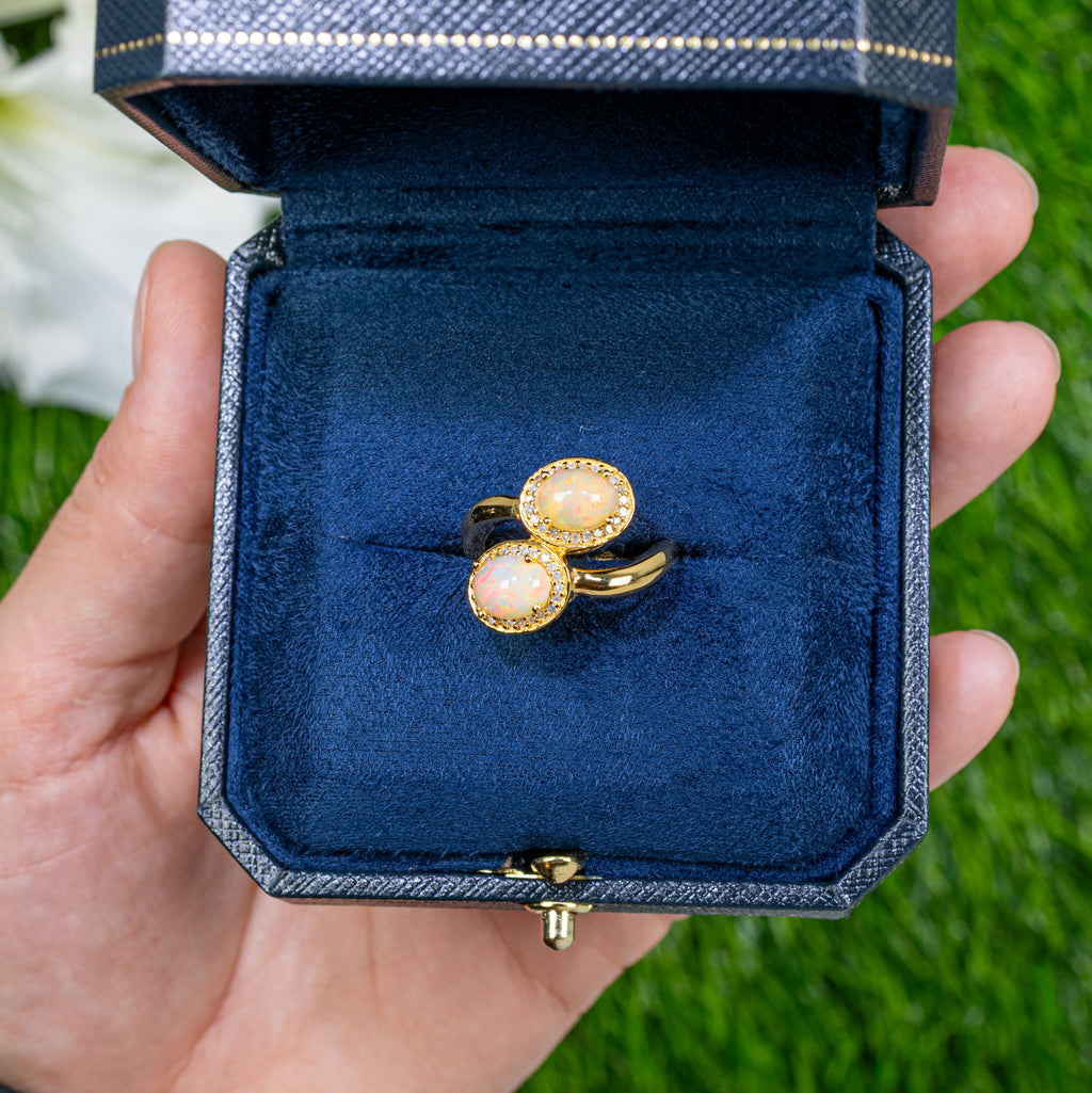 Natural Opal Bypass Ring With Diamonds 1.91 Carats 24K Yellow Gold Plated Silver