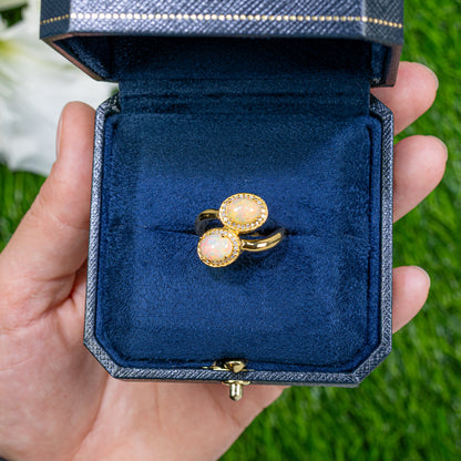 Natural Opal Bypass Ring With Diamonds 1.91 Carats 24K Yellow Gold Plated Silver