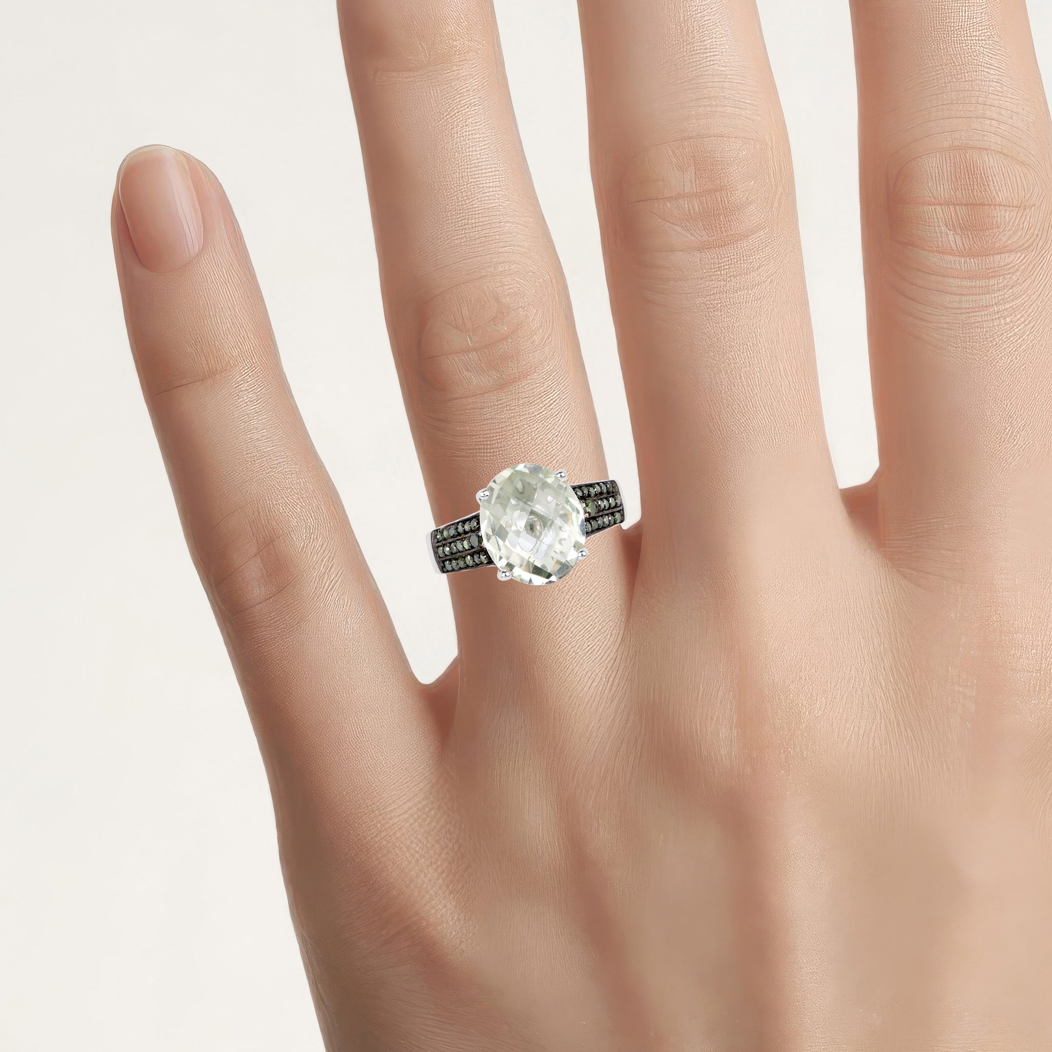 Green Amethyst Ring With Green Diamonds 4.38 Carats Sterling Silver