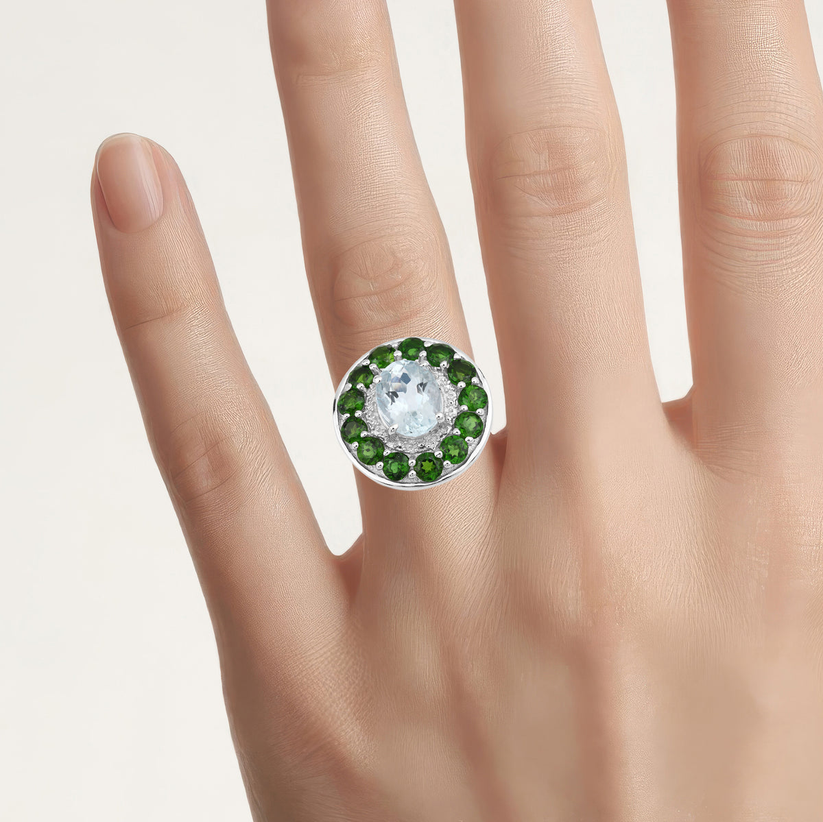 Aquamarine Ring With Chrome Diopside 2.92 Carats Sterling Silver