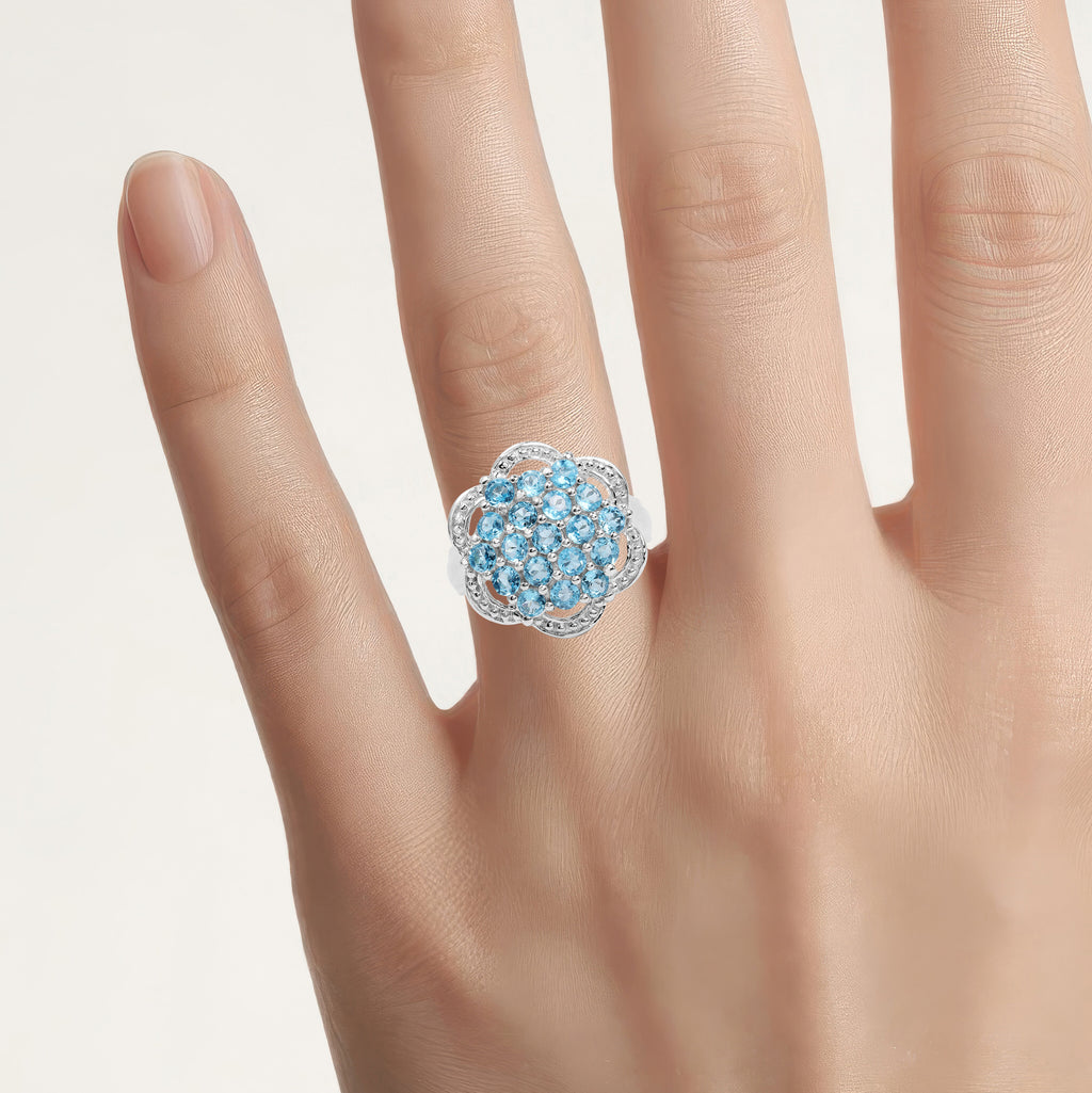 Swiss Blue Topaz Flower Ring 1.88 Carats Sterling Silver