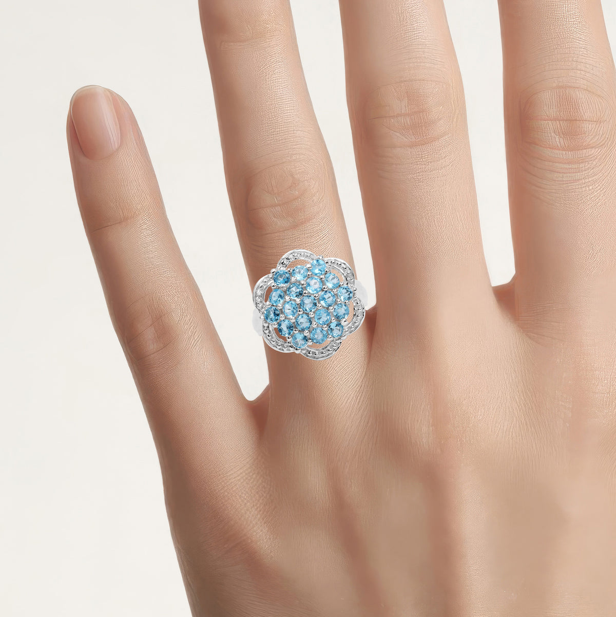 Swiss Blue Topaz Flower Ring 1.88 Carats Sterling Silver