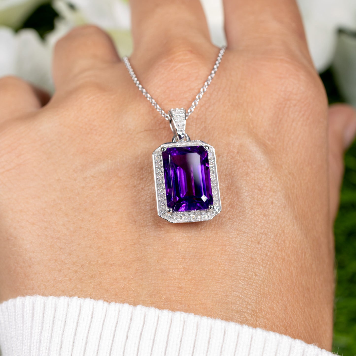 Amethyst Pendant Necklace Diamond Halo 5.34 Carats Sterling Silver