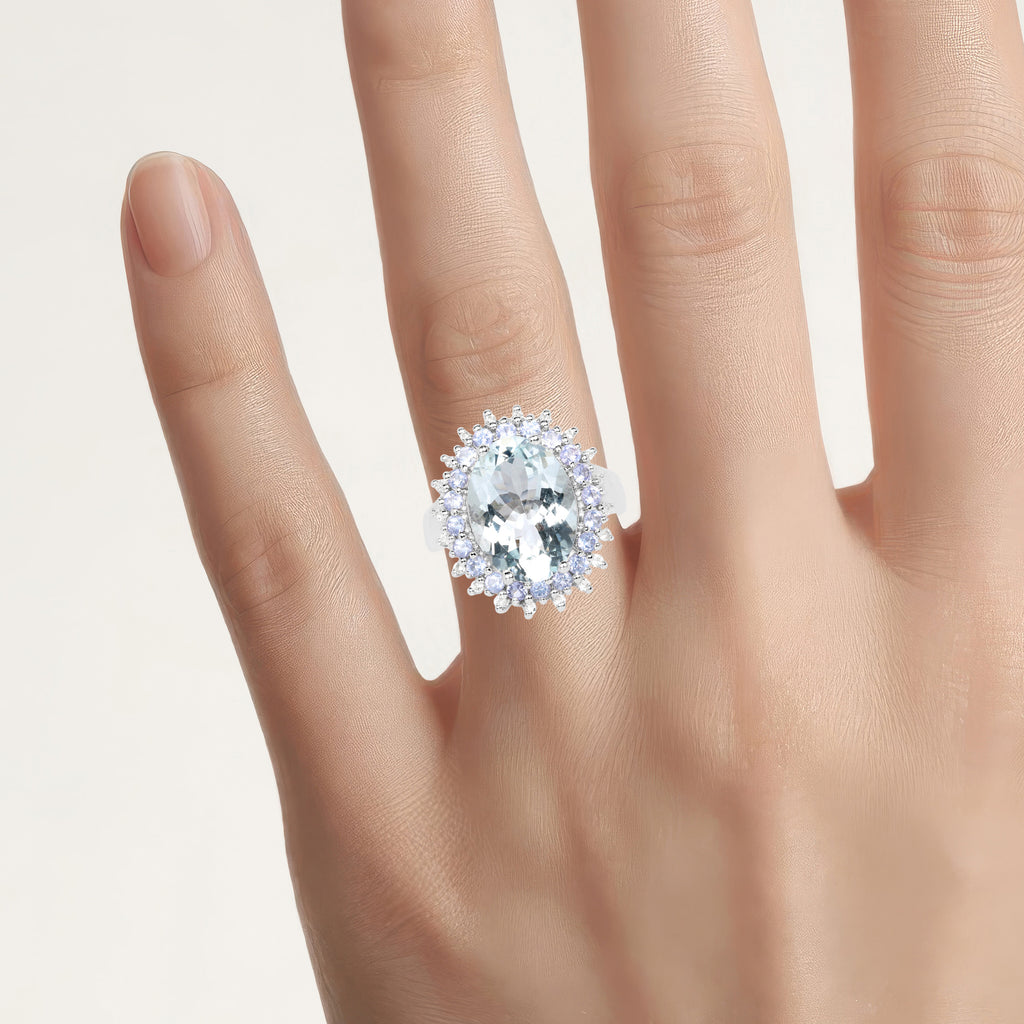 Aquamarine Ring With Tanzanite and White Topaz 5.24 Carats Sterling Silver