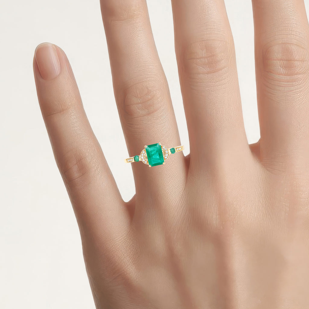 Zambian Emerald Ring With Diamonds 1.02 Carats 14K Yellow Gold