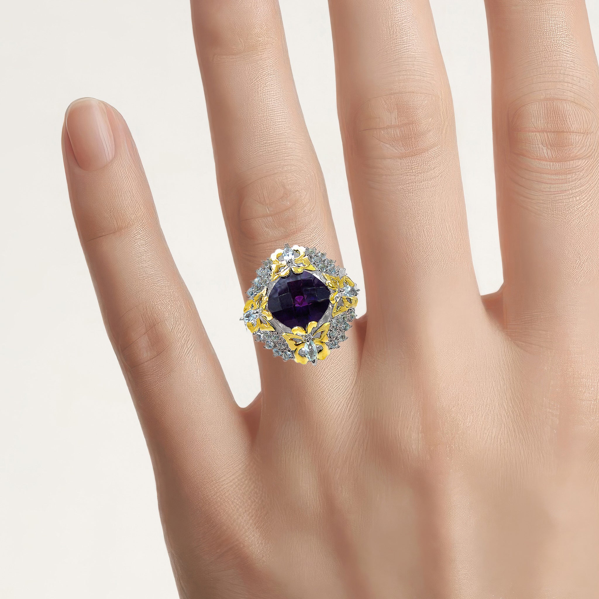 Amethyst Butterfly Ring With Blue Topaz and Diamonds 3.85 Carats Sterling Silver