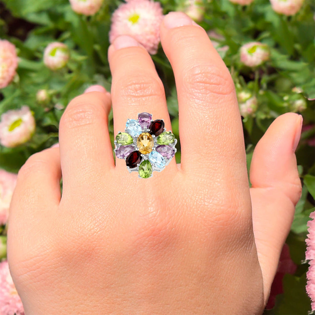 Natural Mixed Gemstones Ring 5.06 Carats Sterling Silver