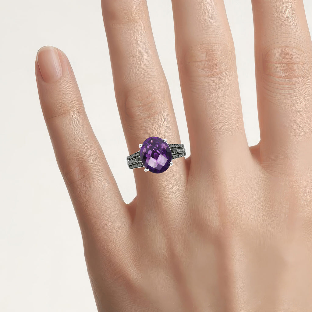 Amethyst Ring With Black Diamonds 3.92 Carats Sterling Silver