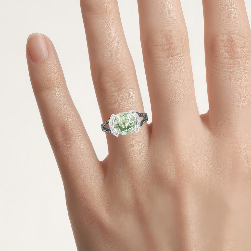 Green Amethyst Ring With Multicolor Diamonds 3.54 Carats Sterling Silver