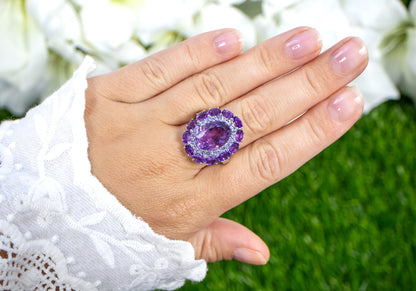 Amethyst Cocktail Ring Tanzanite Halo 7.8 Carats