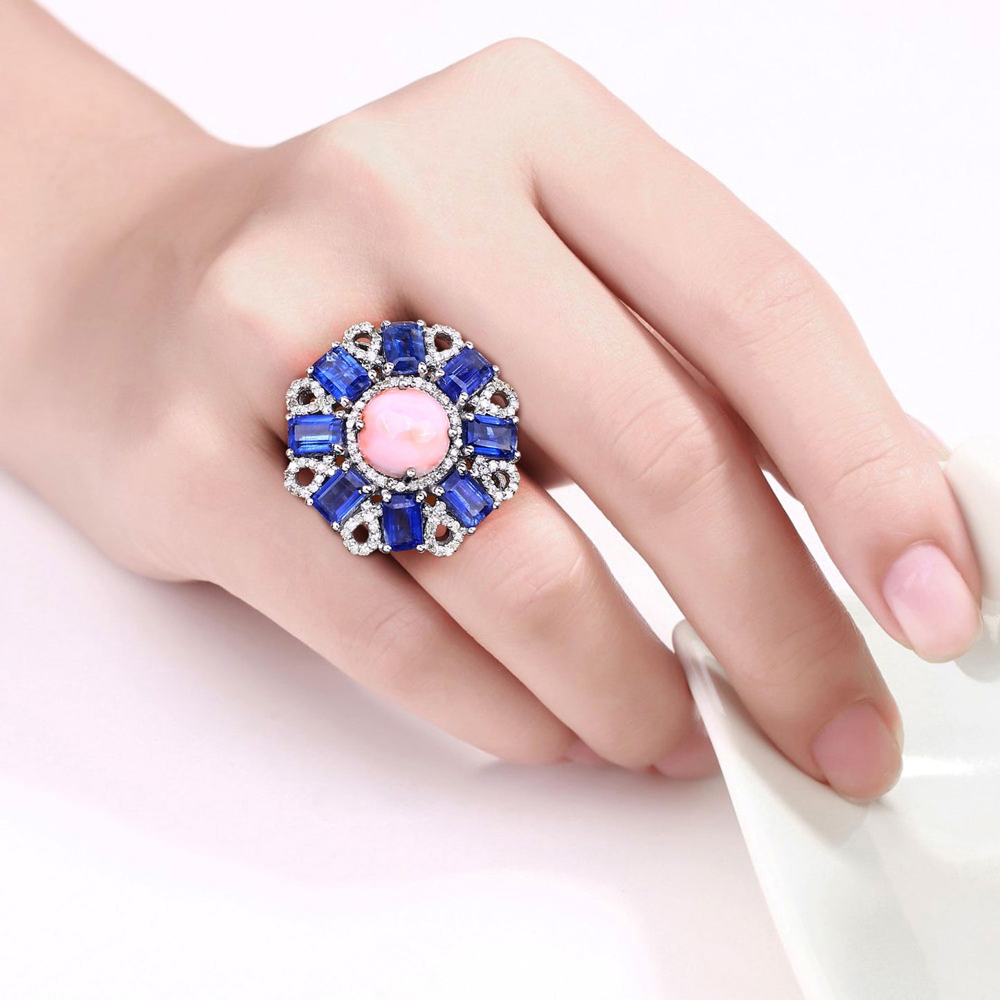 Coral Ring With Kyanite 9.68 Carats Sterling Silver