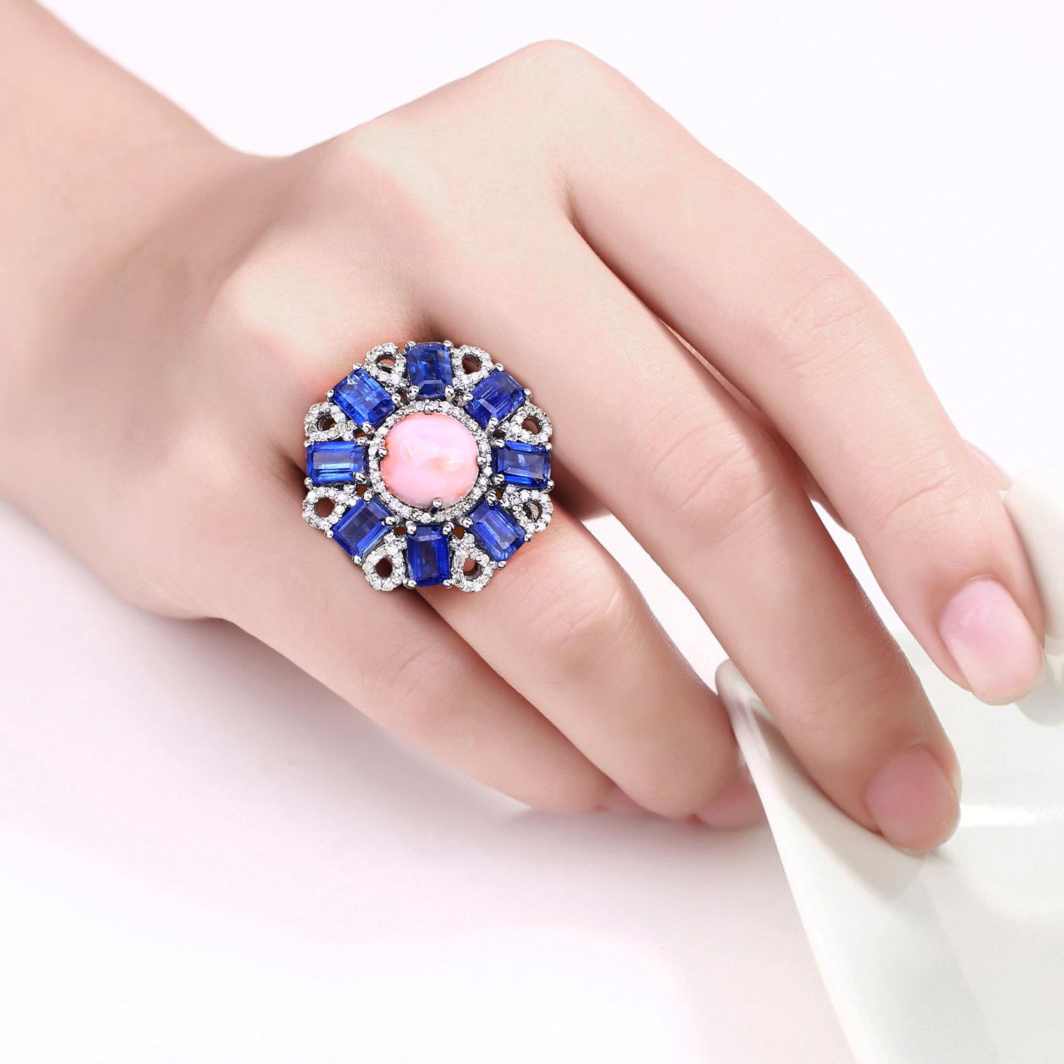 Coral Ring With Kyanite 9.68 Carats Sterling Silver