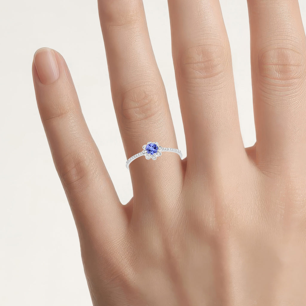 Tanzanite Flower Ring With Diamonds 0.28 Carats 14K White Gold