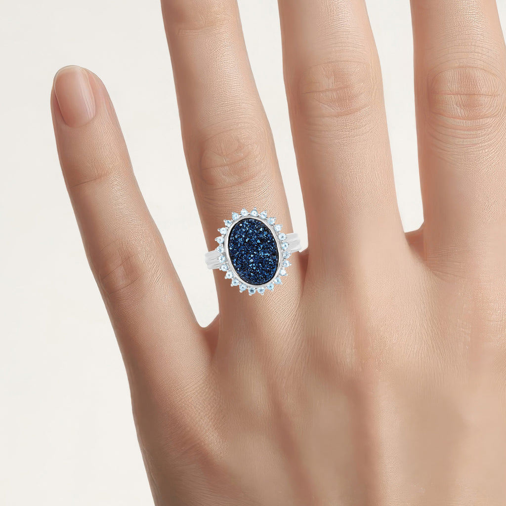 Drusy Quartz Ring With Swiss Blue Topaz 4.56 Carats Sterling Silver