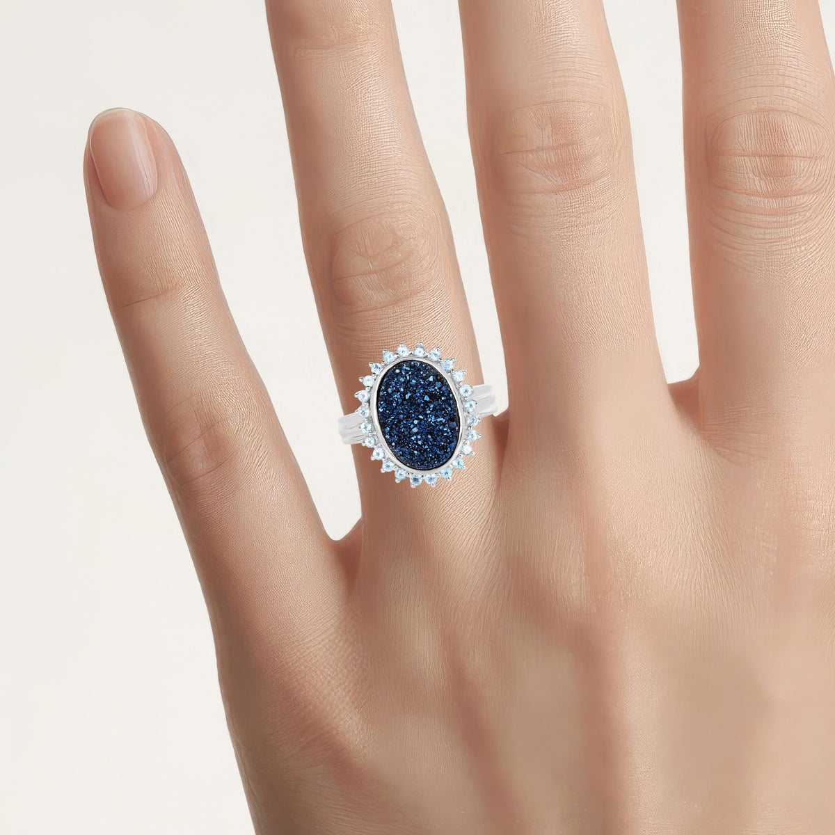 Drusy Quartz Ring With Swiss Blue Topaz 4.56 Carats Sterling Silver