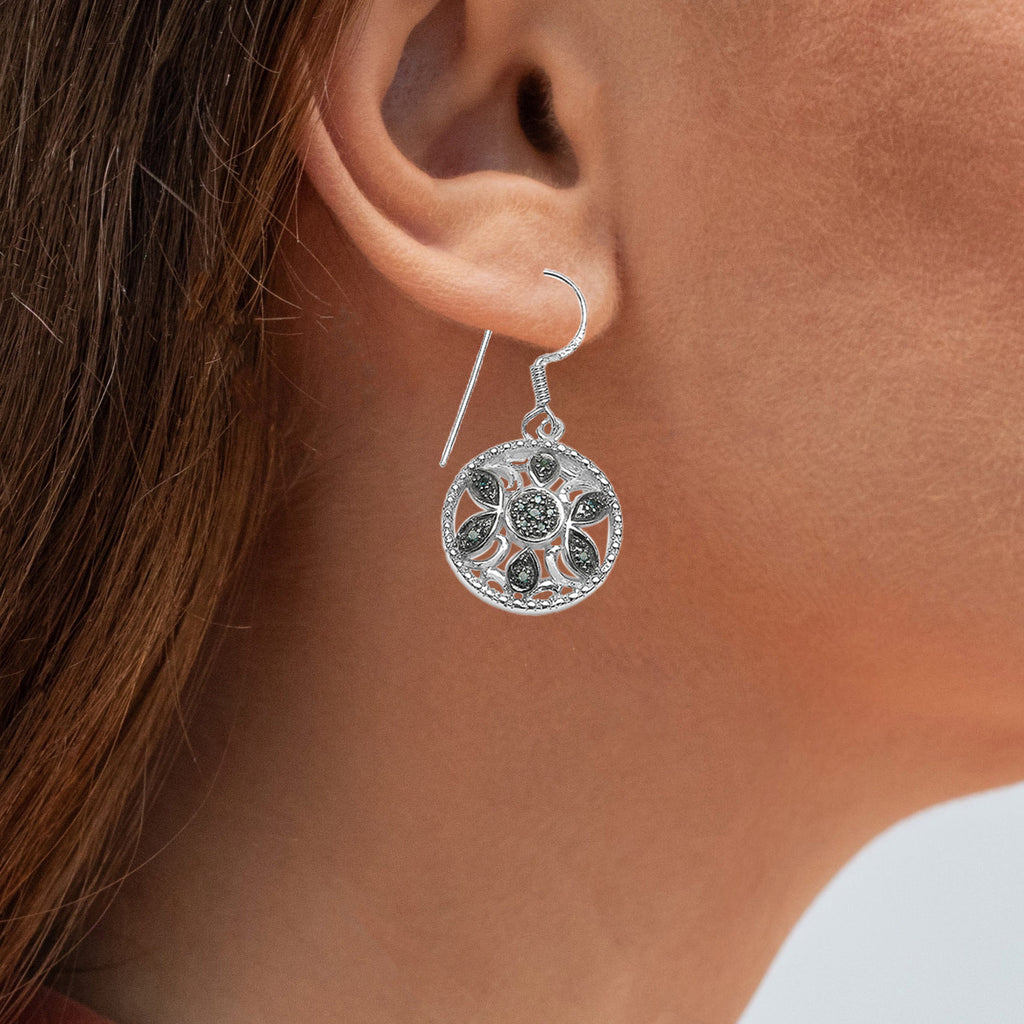 Blue Diamond Flower Earrings 0.12 Carats Sterling Silver