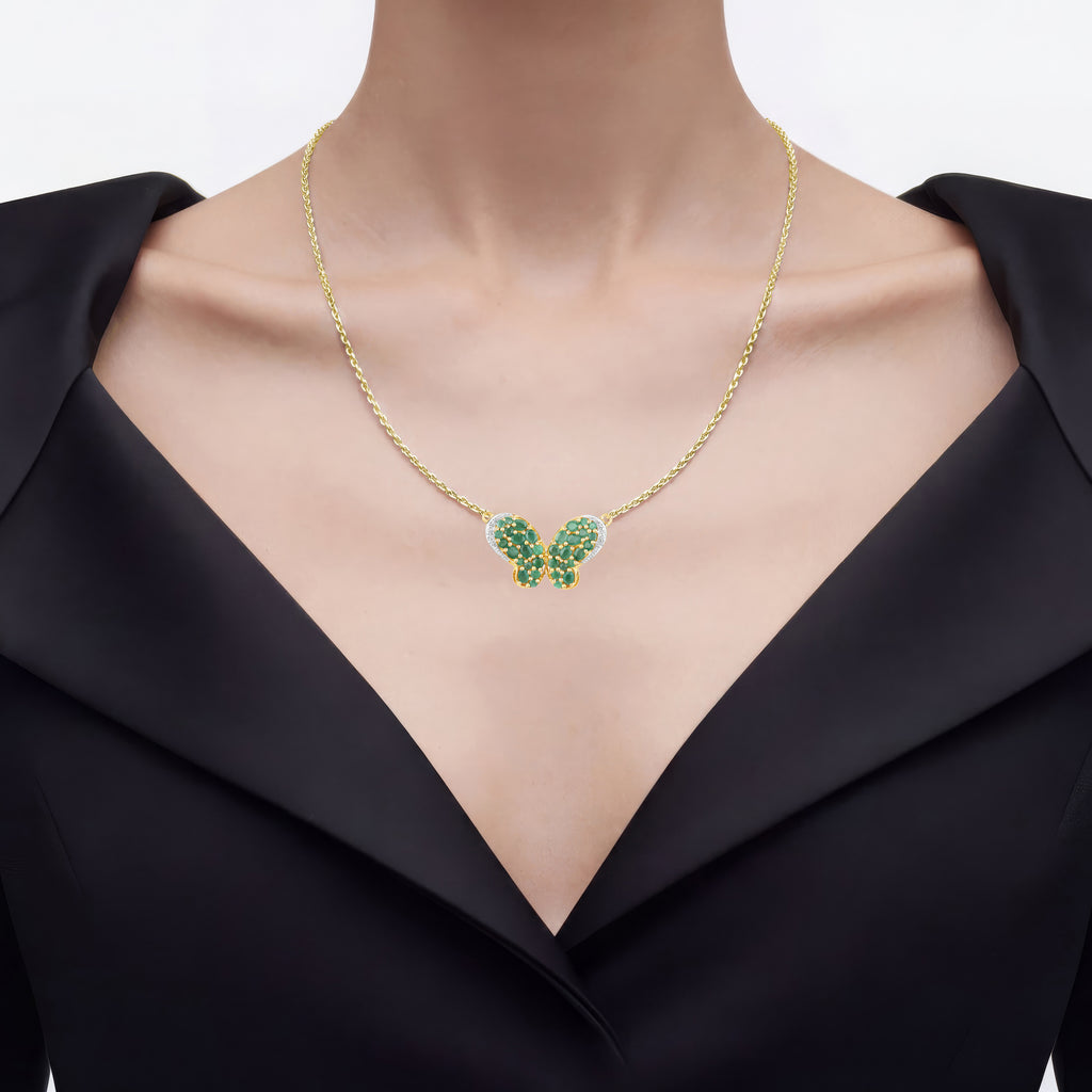 Emerald Butterfly Pendant With White Zircon 2.72 Carats Sterling Silver