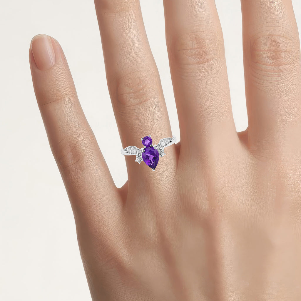 Amethyst Bat Ring With White Topaz 1.11 Carats Sterling Silver