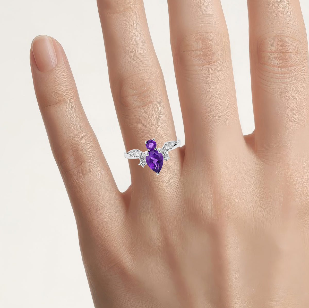 Amethyst Bat Ring With White Topaz 1.11 Carats Sterling Silver