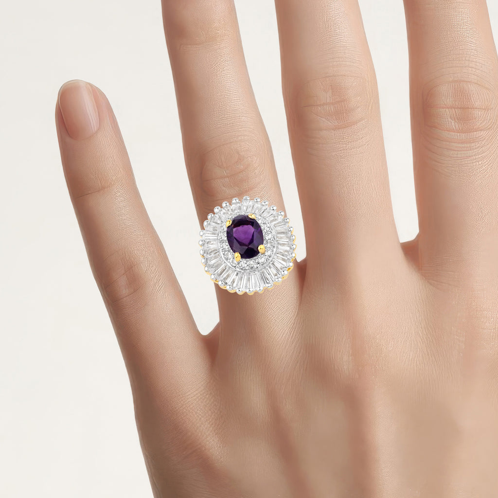 Amethyst Ring With White Topaz 3.16 Carats Gold Plated Silver