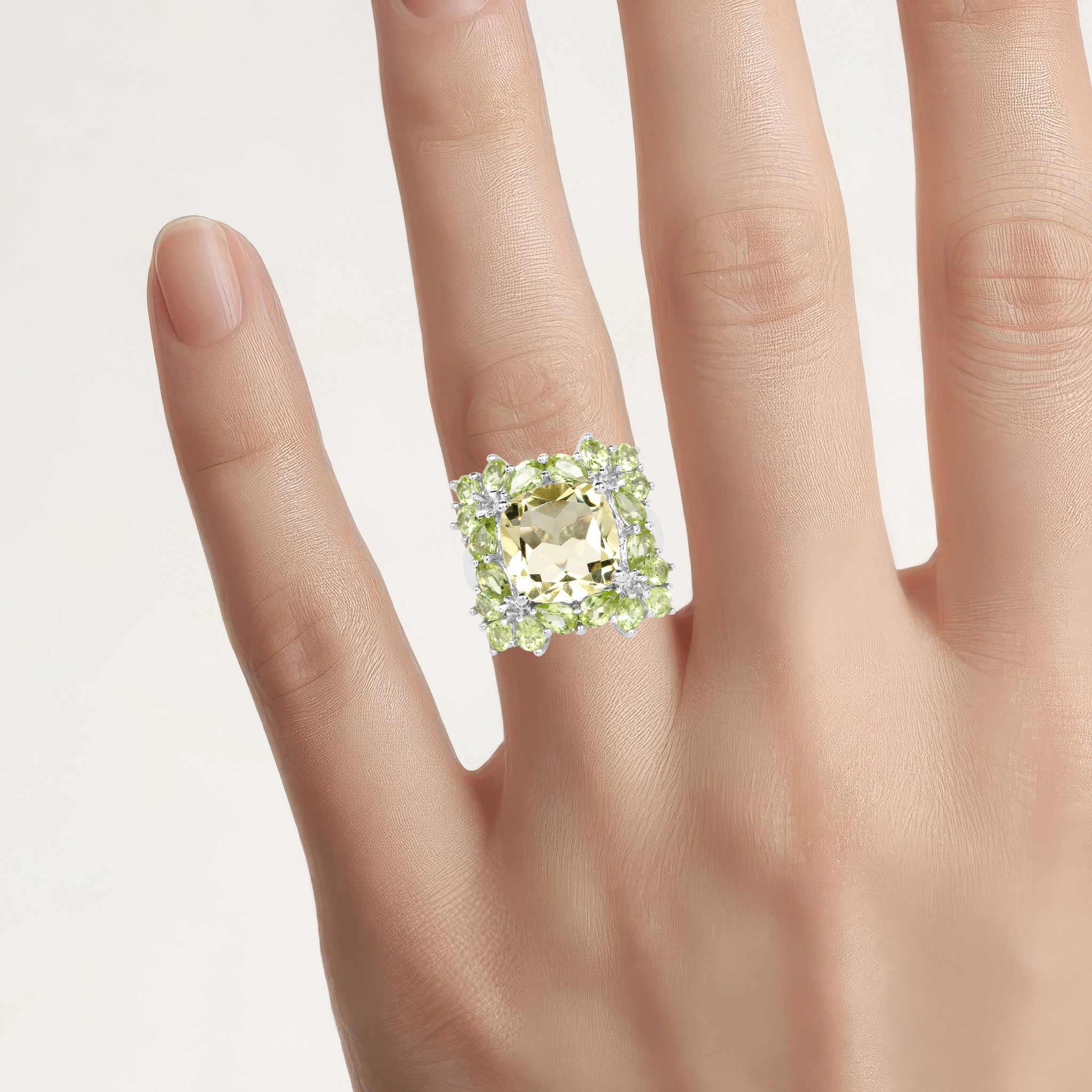 Lemon Quartz Ring With Peridot 9.32 Carats Sterling Silver